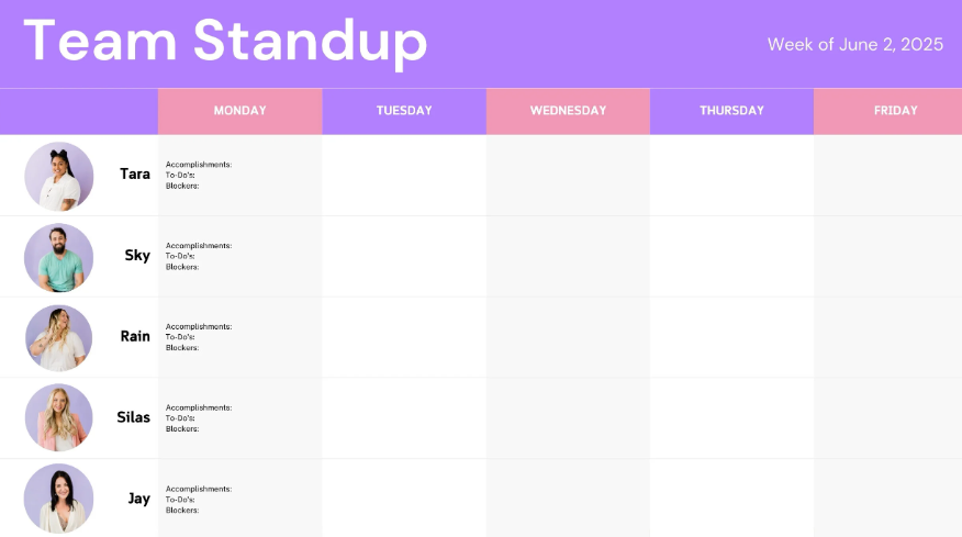 team stand up huddle meeting template
