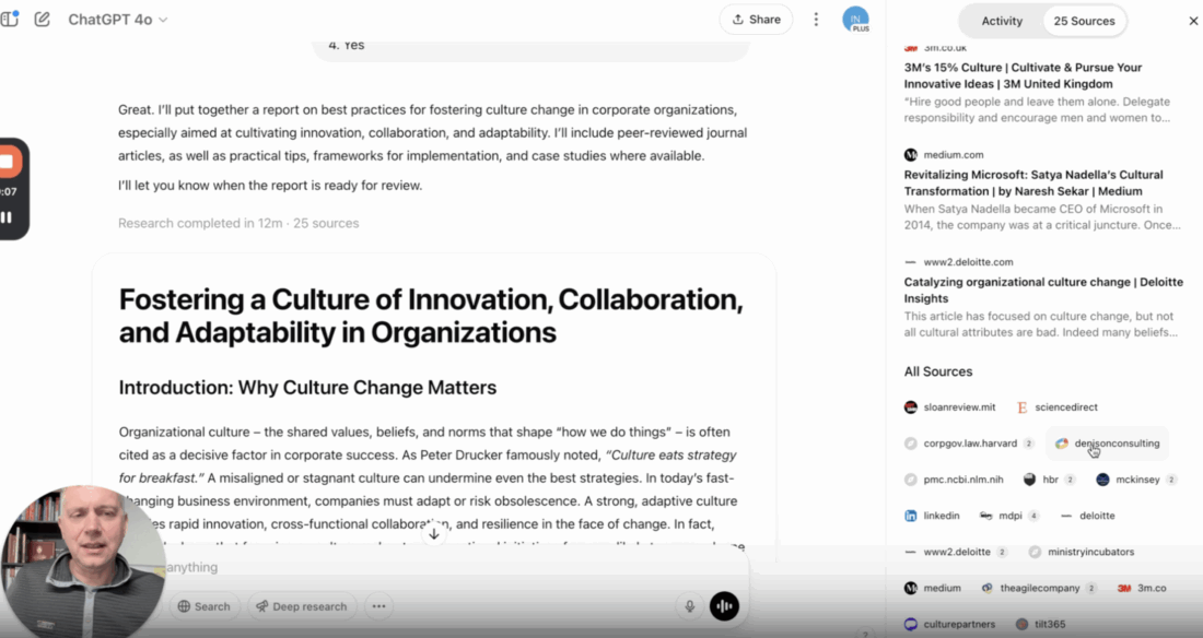 Deep Research AI Agent ChatGPT Demo (Fully Cited Org Culture Change Report)