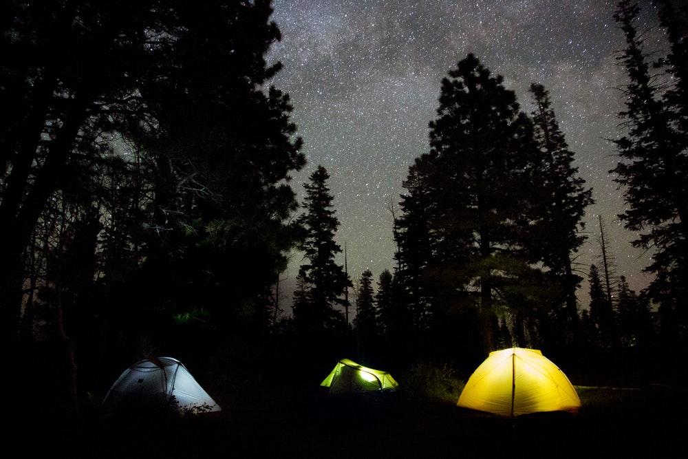 three assorted-color dome tent in the forest during nighttime