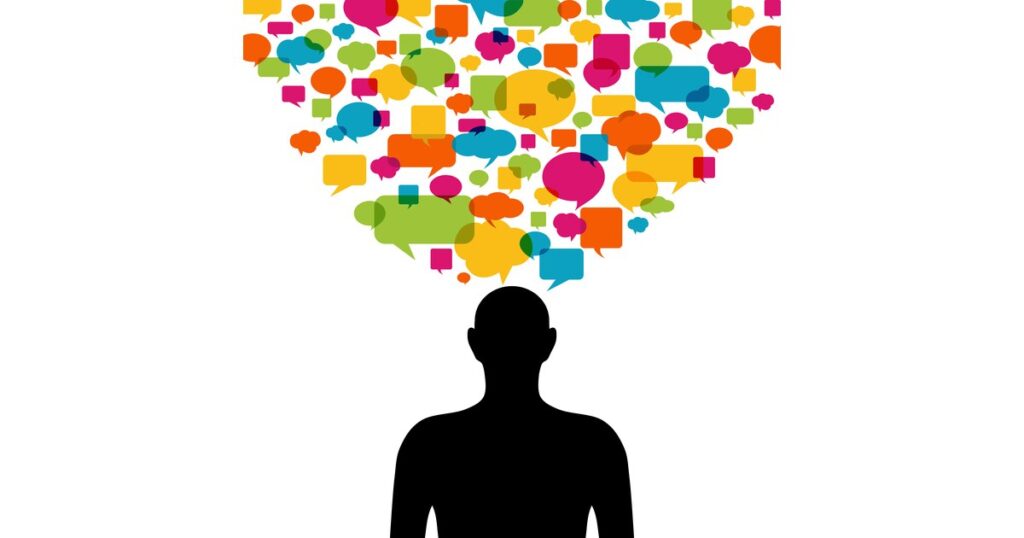 Mindset for innovative thinking with ideas as colourful speech bubbles