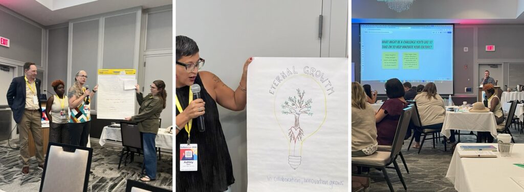 Conference participants presenting the ideas and sketches they created during an interactive keynote session in Wisconsin