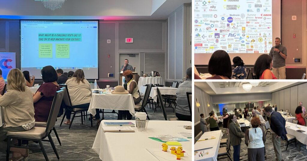 Keynote speaker Darin Eich leading an interactive session for a full conference room, with attendees working at their tables and connecting across the room