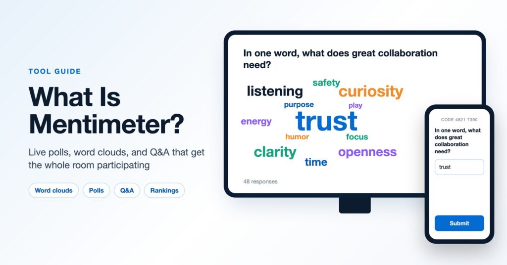Illustration of a live word cloud on a presentation screen with an audience member answering on a phone