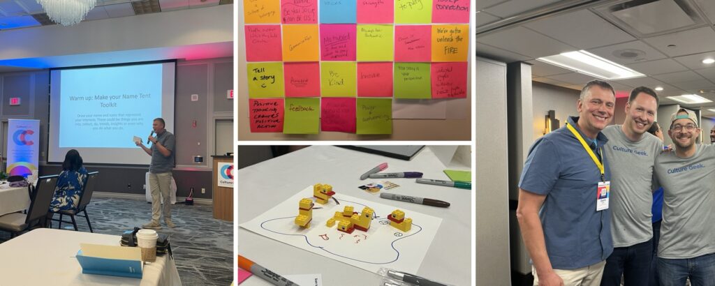 Darin Eich leading an interactive keynote in Madison, Wisconsin, with participants building with LEGO, posting ideas on sticky notes, and connecting after the session