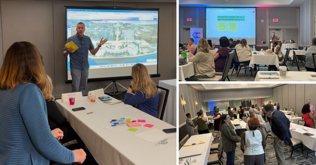Wisconsin keynote speaker Darin Eich leading an interactive session, with full conference rooms of attendees working together